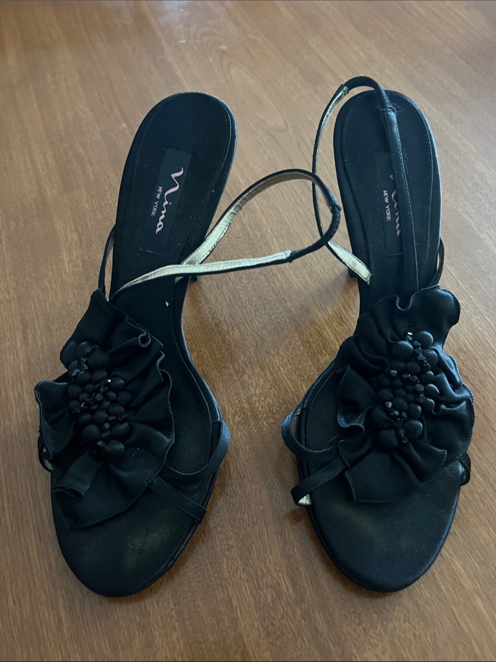 Nina Black Floral Slingback Heels with Gold Strap Accent